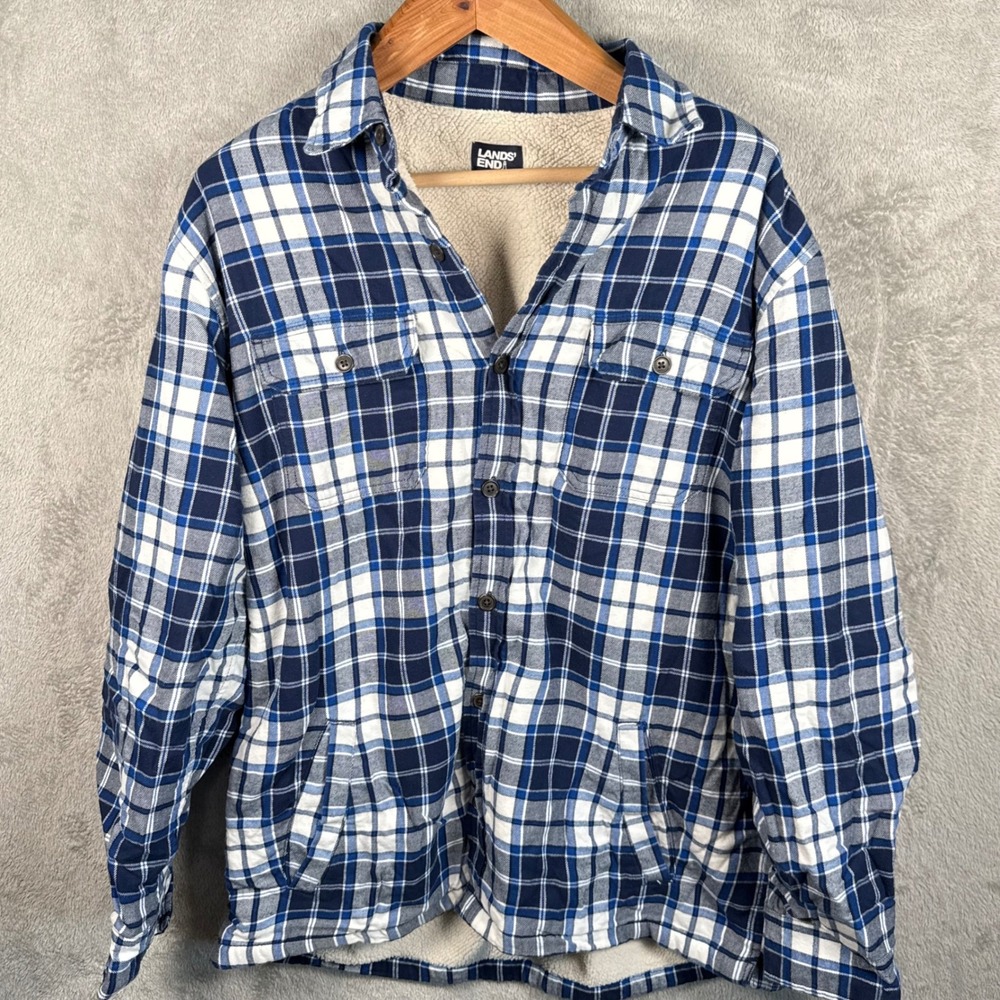 Lands' End Flannel Shirt Jacket Mens L Blue Plaid Sherpa Lined Heavyweight